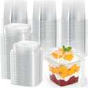 Dicunoy 50 Pack Plastic Dessert Cups with Lids and Spoons, 12 Oz Square Clear Cake Containers for Yogurt, Parfait, Pudding, Fruit, Mousse, Strawberry Shortcake, Event and Party