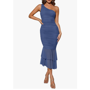 ZESICA Women's One Shoulder Summer Dress Sleeveless Mesh Ruched Bodycon Sexy Formal Cocktail Midi Dresses, Size M