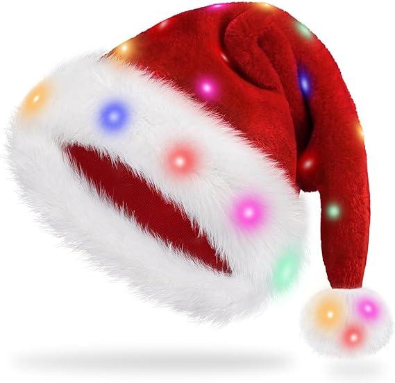 VAIZIQ Santa Hat Light Up Christmas Hats Adults For Women Adult Men,Unisex Red Velvet Comfort Xmas Hat Holiday New Year Festive Party Headwear