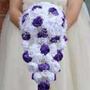 Luxury Cascade Bridal Wedding Bouquet Satin Rose Waterfall Holding Bouquet Artificial Flower Bunch for Bride Bridesmaid(White & Purple, 15" x 7.5")