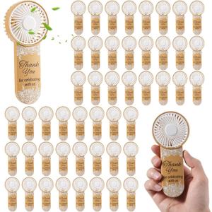 50 Pcs Mini Electric Handheld Fans for Wedding Guests Bulk, Portable Wedding Fans Battery Powered with Flower & Thank You for Celebrating with Us Patterns, Battery Not Include (Brown)