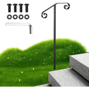 Handrails for Outdoor Steps, 1-2 Step Single Post Handrail, 58" H Rustproof Wrought Iron Stair Railing with Assembly Tool Kit for Concrete Steps, Wood Steps, Black