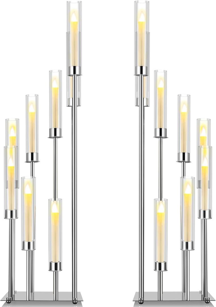 Dandat 41.5" Tall Floor Candelabras, 8-arm Cluster Standing Candle Holders with Clear Acrylic Shades, Silver Wedding Centerpiece Candelabra for Flameless/LED Taper Candles, Party & Event Decor(2 Pack)