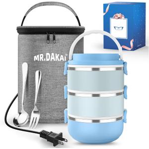 Mr.Dakai Thermal Lunch Box Containers for Men Women, Stackable Stainless Steel Bento Boxes with Insulated Lunch Bag and Flatware, Leakproof Food Storage for Hot Lunch 3Tier