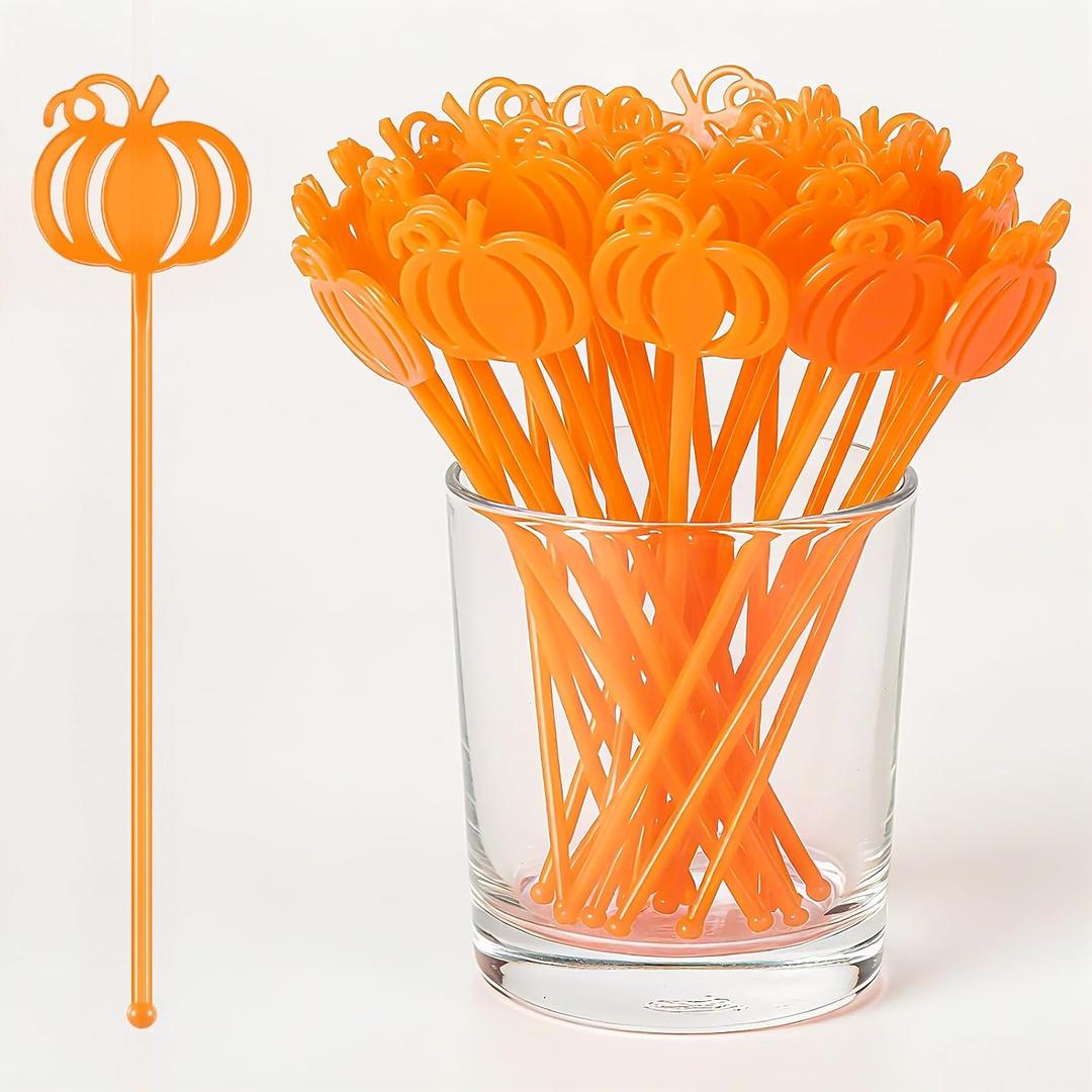 100 Pcs Halloween Swizzle Sticks Plastic Coffee and Cocktail Stirrers Halloween Drink Stirrers Reusable Cocktail Sticks for Thanksgiving Fall Party Tea Coffee Bar decoration(Pumpkin)