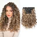 REECHO Curly Clip in Hair Extensions, 4PCS 12 inch Long Hair Extensions Clip ins Lace Weft Natural Hairpieces for Women Daily, Light Brown with Blonde Highlights