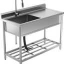 Stainless Steel Utility Sink with Retractable Hot & Cold Faucet, 47.2" Free Standing Single Bowl Sink with Drainboard for Kitchen, Laundry Room, Garage, Farmhouse (Silver)