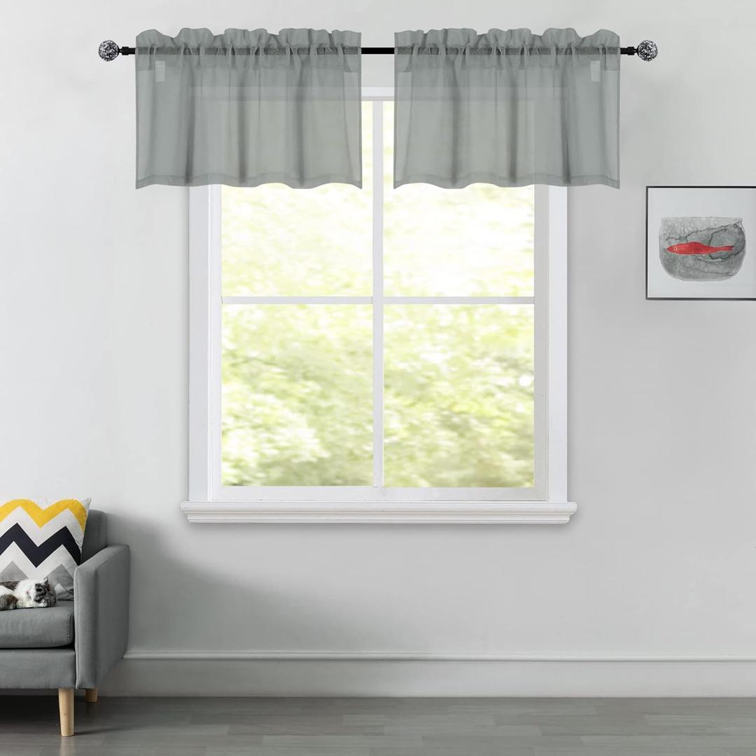 DUALIFE 2 Panels Grey Sheer Valance - Basement Semi Sheer Valances for Kitchen Window Dressing with Rod Pocket (Gray,52 by 18 Inches Long)