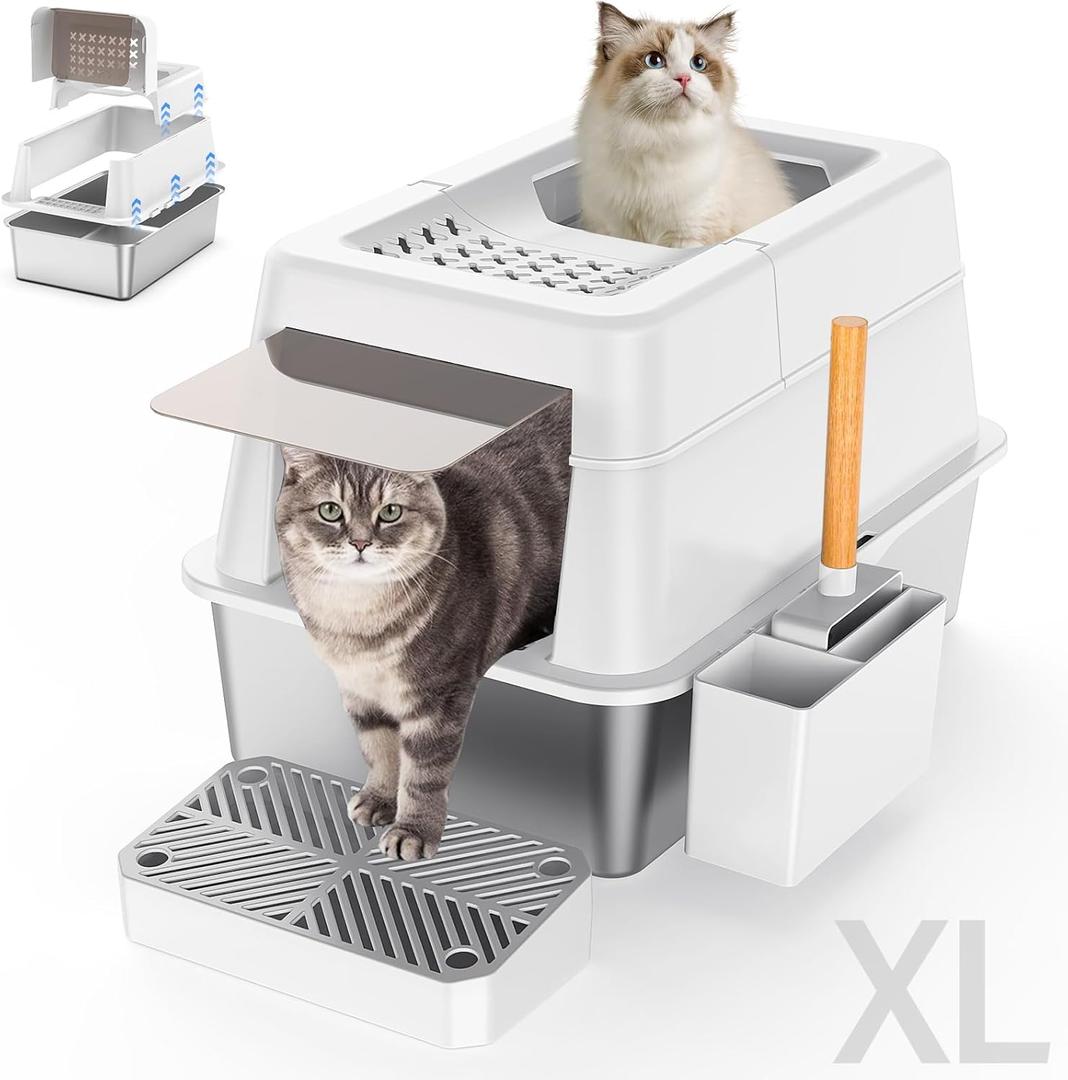 Stainless Steel Litter Box with Lid, XL Extra Large Enclosed Cat Litter Box Fits All Cats Modular Design with Flip Cover, Top Entry Metal High Sided Cat Box & Pedal & Scoop (White)