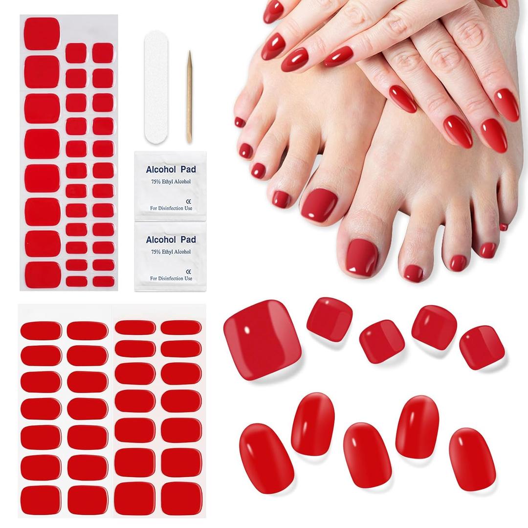 DUKASOU Semi Cured Gel Nail Strips & Toenail Stickers 2 Set (Hot Red), Gel Nail Stickers Wraps Art DIY, Long Lasting, Gifts for Women, Works with UV Lamp, Easy to Apply & Remove