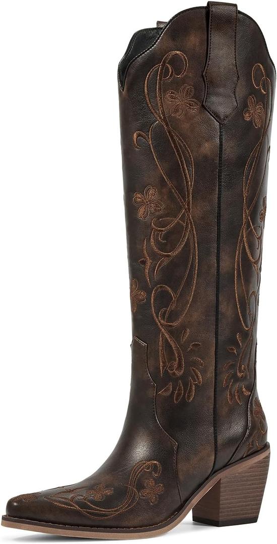 wetkiss Cowboy Boots for Women Knee High Cowgirl Boots, Western Boots with Floral Embroidered Pointed Toe Chunky Heel Pull On Retro Vintage Classic Tall Boots for Ladies 7.5