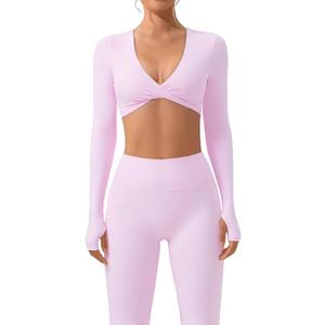 SUUKSESS Women 2 Piece Workout Sets Long Sleeve Twist Deep V Crop Padded Tops Yoga Leggings with Side Pockets (Pink, M)