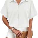 Zeagoo Women's Button Down Shirts Short Sleeve Casual Oversized Shirts Loose Collared V Neck Blouses (White) M