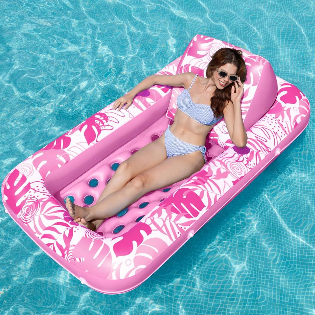 SLOOSH Inflatable Pool Floats with Cooling Water Hole,72" x 38" Daybed Pool Lounger Adults with Cup Holders, Adjustable Backrest Tanning Lounger Chair, Floaties Rafts (Pink)