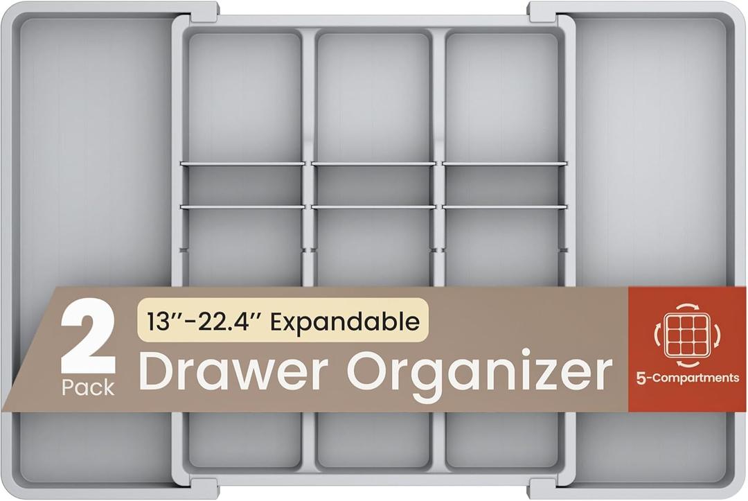 Gray Expandable Utensil Drawer Organizer 2 Pack, Adjustable 13 to 22.4, 5 Compartment Silverware Organizer for Kitchen Utensils, Spatulas, Cutlery, and Tools, Easy to Clean, Durable, and BPA-Free