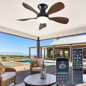 FUMLTP 33In Low Profile Ceiling Fans with Lights and Remote/ APP Control, Modern Flush Mount Ceiling Fan with 5 Reversible Blades for Outdoor Patio, Small Room, Bedroom(Black+Brown)