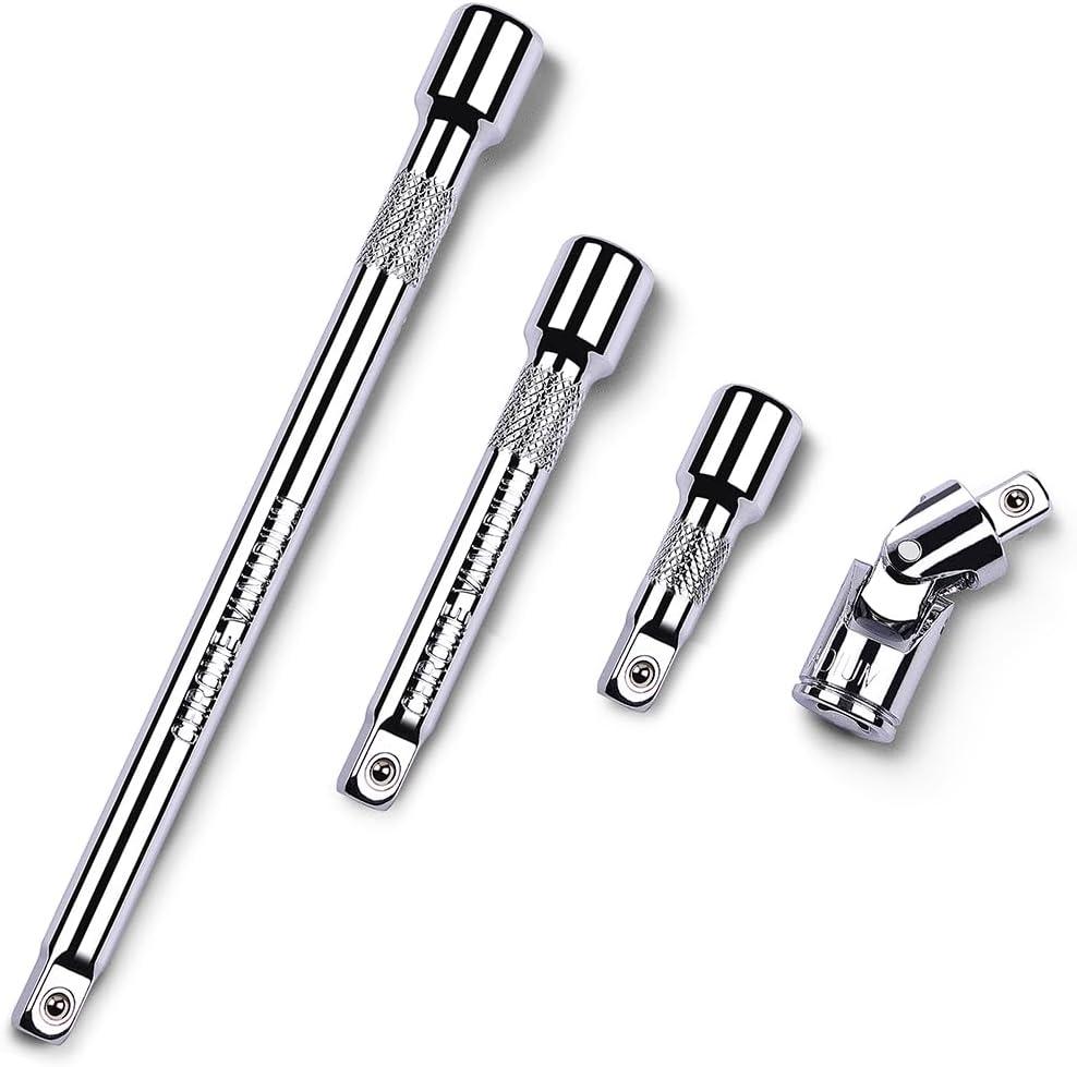 4 Piece 1/2 Inch Drive Extension Bar Set, 1/2 Inch Drive Socket Extension Set Includes 3, 5, and 10 Inch Extensions and 1/2 Inch drive Universal Joint Socket