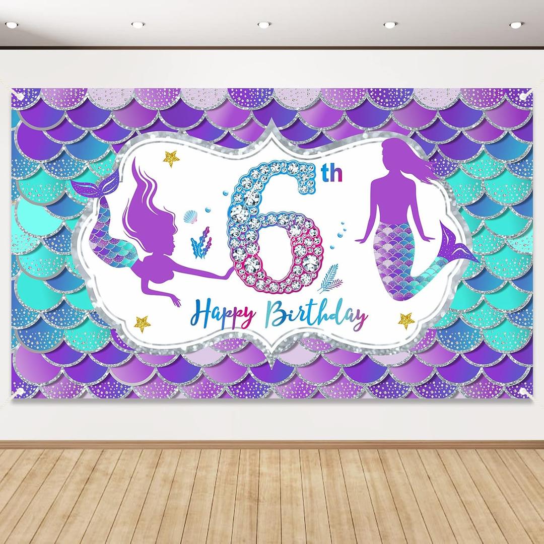 Eiurteao Mermaid 6th Birthday Banner Decorations for Girls, Little Mermaid Themed Happy 6 Birthday Background Sign Party Supplies, Under The Sea 6 Year Old Bday Photo Props Decor for Outdoor Indoor