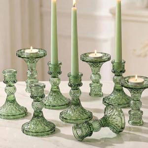 Glass Candle Holder Set of 12, Green Taper Candle Holders Bulk, Vintage Candlestick Holders, Candle Stick Holder for Table Centerpieces, Wedding, Festival & Home Decor