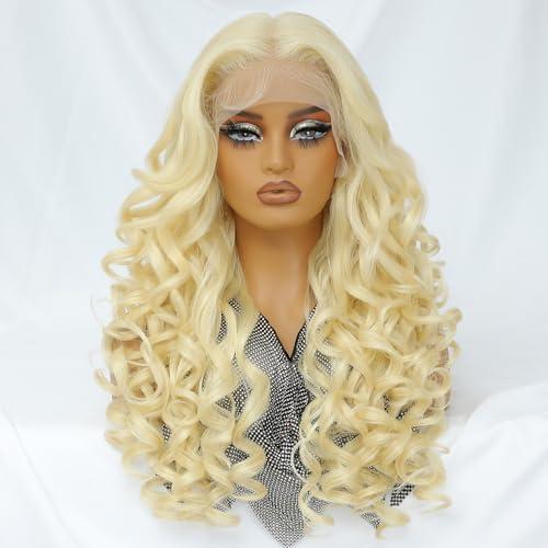 Felek Blonde 13x6 Synthetic Lace Front Wig Loose Wave HD Transparent Lace Frontal Wigs Pre Plucked Wear and Go Glueless Wigs for Black and White Women 24 inch Long Curly Wig #613