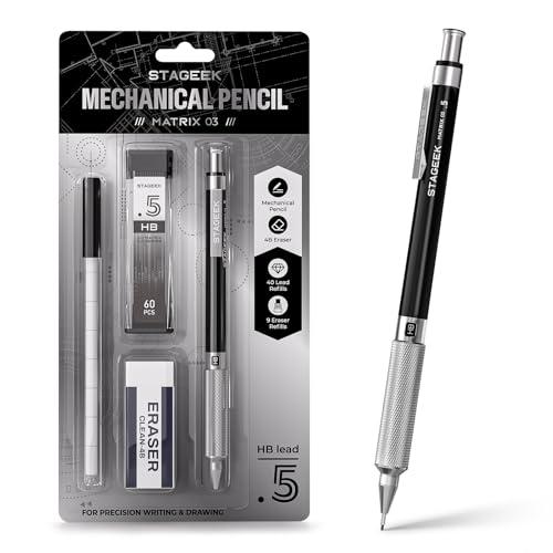 STAGEEK 0.5mm Mechanical Pencil, Metal Art & Drafting Pencil with Eraser and 60 HB Lead Refills, Professional Drawing Pencil for Artists, Students, School, Office, Writing, Sketching, Drafting(Black)