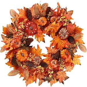 Sggvecsy Fall Wreath - 20'' Autumn Front Door Wreath with Pumpkin, Berries, Maple Leaves, Pine Cones for Indoor/Outdoor Decor