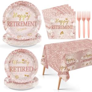 98Pcs Rose Gold Retirement Decorations Pink Happy Retirement Plates Napkins Forks Tablecloths Rose Gold Diamond Retired Tableware Set for Women Say Goodbye Going Away Party Supplies Serve24