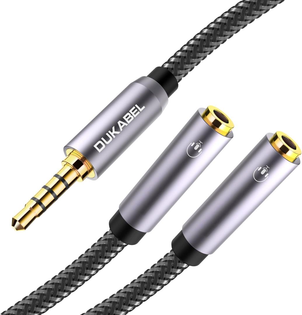 DUKABEL Long Headphone Splitter (4ft / 1.2m) Shielded 4-Pole TRRS 3.5 Y Splitter Cable 2-Way Female to Male Headphone Adapter Stereo Audio/Crystal-Nylon Braided / 24K Gold Plated / 99.99% 4N OFC