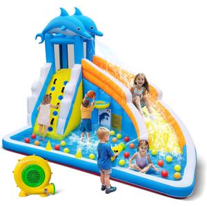 Culaluva Inflatable Water Slide: Blow up Bounce House Water Park for Kids 3-12 - Splash Pool Water Cannon Climbing Wall Basketball Rim - for Backyard Outdoor Birthday Party, Dolphin Style