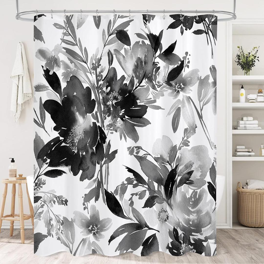 Litabel Black Watercolor Floral Shower Curtain, Plant Leaves with Flower Shower Curtains for Summer Bathroom Decor, White Modern Fabric Botanical Waterproof Shower Curtain Set with Hooks 72x72 Inch