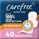 Carefree Ultra Thin Pads for Women, Overnight with Wings | Feminine Care & Postpartum Protection | 40ct (Pack of 1)