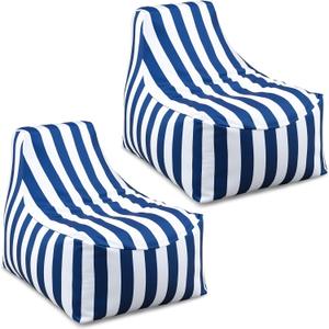 Briwooody 2 Pcs Blue Outdoor Bean Bag Chair for Adults, Waterproof Patio Bean Bag Lounger with Washable Removable Cover, Striped Floor Chair for Balcony, Deck, Poolside, Boat, Marine, Garden (White), 36*30*28inches