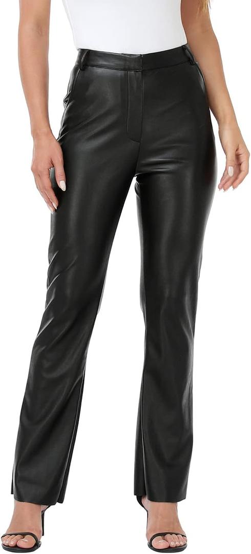 HDE Women's Faux Leather Pants High Waisted Straight Leg Trousers with Pockets (Black, M)