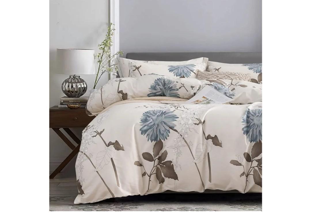 SLEEPBELLA Comforter King Size, 600 Thread Count Cotton Brown Branches and Blue Flowers Off-White Comforter Sets, Down Alternative Bedding Set 3Pcs(King, Off-White Botanical