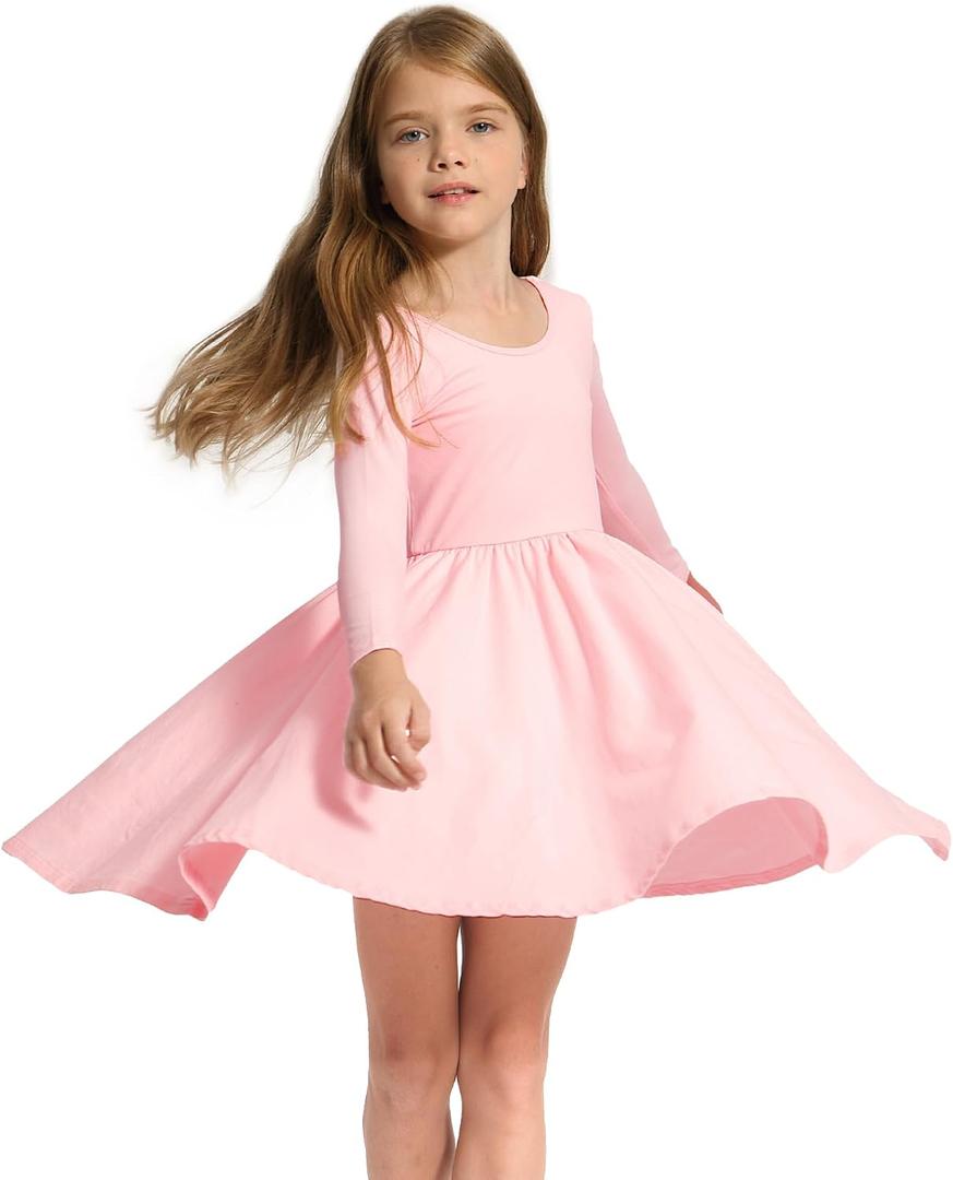 Stelle Girls Cotton Long Sleeve Dress Twirl Skater Dress 3-12Y (Pink)