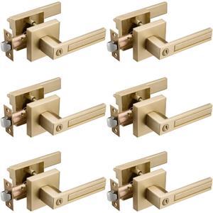 6 Pack Gold Privacy Door Handles, Interior Door Knobs for Bed and Bath, Heavy Duty Door Lever Satin Brass