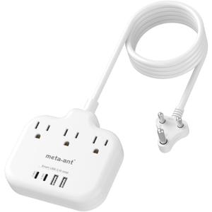 US to India Plug Adapter, meta-ant India Power Adapter with 3 American Outlets 4 USB Charger Ports(2 USB C), 5FT India Extension Cord, Type D Travel Adapter for USA to India Bangladesh Maldives Nepal