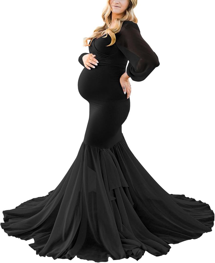 Saslax Long Chiffon Sleeve Tired Mermaid Maternity Dress for Photoshoot Photography Baby Shower (Small, X-black 36)