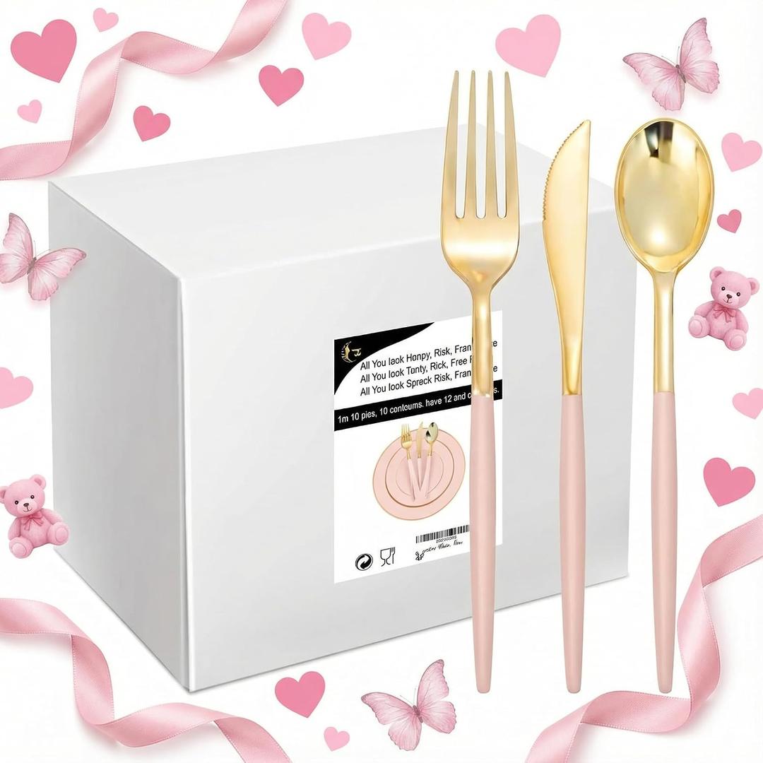 I00000 144Pcs Pink Plastic Silverware, Gold Disposable Flatware with Pink Handle, Gold Plastic Cutlery Set Includes: 48 Forks, 48 Knives and 48 Spoons Perfect for Party & Wedding