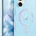 BENTOBEN Magnetic for iPhone 16 Plus Case, Clear Crystal Glitter Phone Case [Compatible with MagSafe] Shockproof Sparkly Cute Women Girl Protective Cover for iPhone 16Plus 6.7 inch, Light Blue Glitter