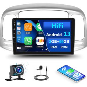 2G+64G Android 13 Car Stereo for Hyundai Accent 2006-2011 with Wireless Apple Carplay Android Auto,9'' Touchscreen Car Radio with WiFi,GPS Navigation,Bluetooth FM/RDS SWC Daul USB+AHD Backup Camera
