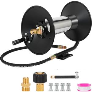 3/8" Heavy Duty Steel Pressure Washer Reel, 100FT High Pressure Hose Reel with Hand Crank, 4000 PSI Power Washer Hose Reel Swivel Arm for Liquid/Air/Water Use