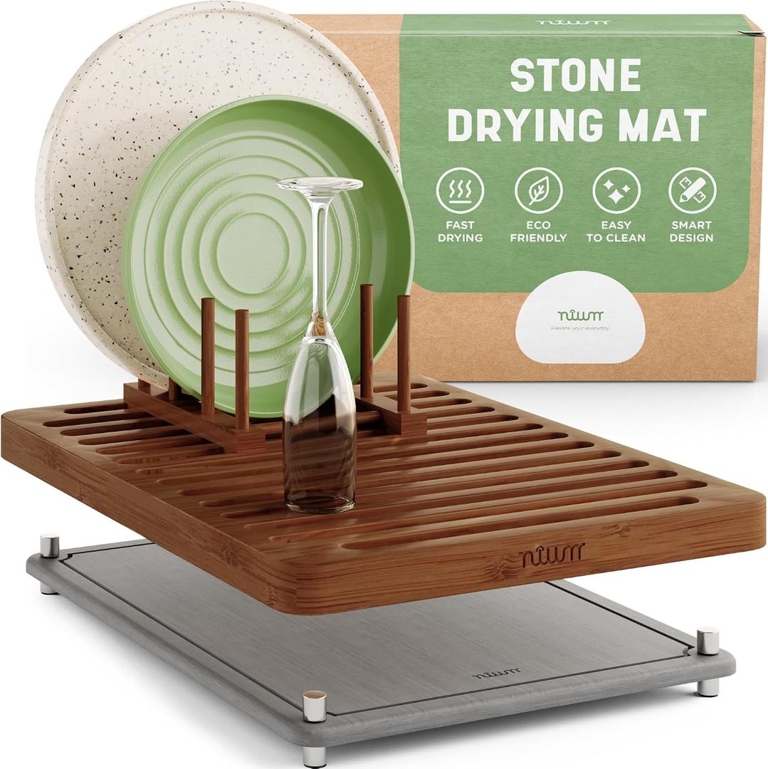 NIUM Stone Drying Mat for Kitchen Counter & Bamboo Rack - 16x12 - Diatomaceous Earth Dish drying mat Ultra Absorbent & Fast Drying - EcoFriendly with Non-Slip Pads & Anti-Moisture Design