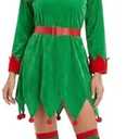 Syhood 5 Pcs Women Christmas Elf Costume Set Santa's Helper Costume Elf Outfit Velvet Dress Hat Shoes Belt Striped Stocking(S, Vivid, Green)