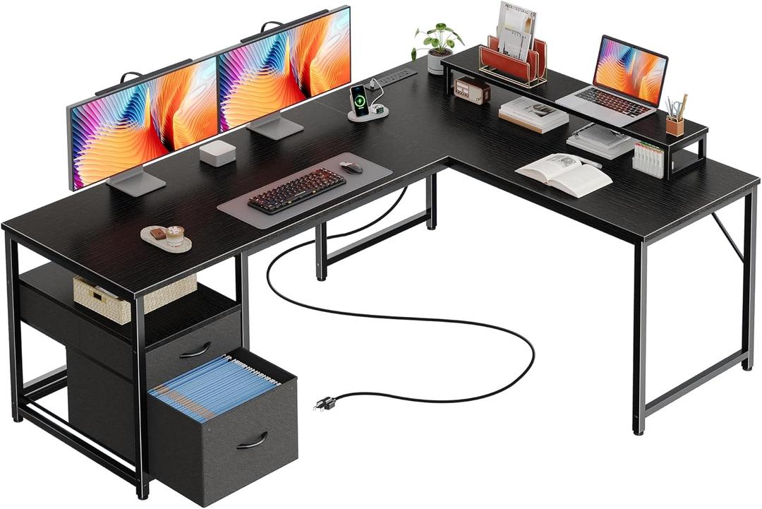 PRAISUN 55 Inch L Shaped Desk with Power Outlets and USB-C Port, Computer Corner Home Office Desk with File Fabric Drawers and Movable Monitor Stand, Larger Storage for Gaming, Work, Black