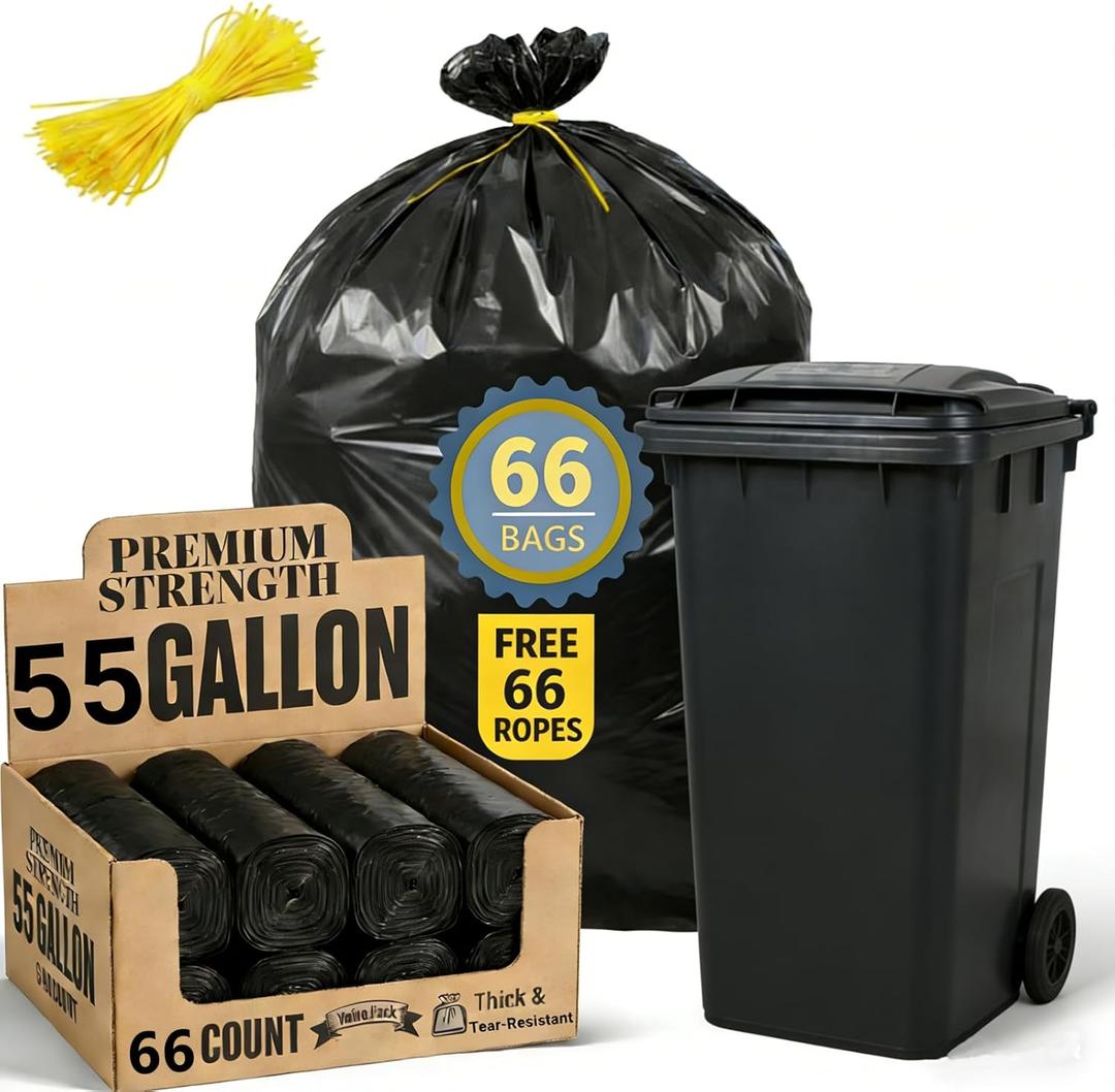 55 Gallon Trash Bag, 66 Count Garbage Trash Bags, 2.0 Mil Heavy Duty 40 x 47" Large Black Plastic Trash Can Liners Huge for Construction Industrial Yard Outdoor Commercial