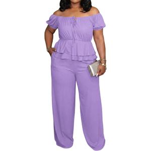 CXXQ Plus Size 2 Piece Sets for Women Summer Outfit Off Shoulder Pant Suits (Purple, XL)