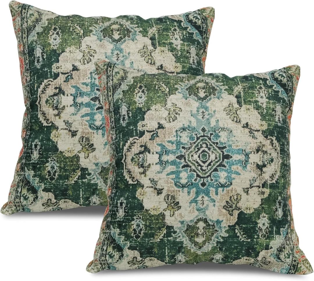 Linen Pillow Covers 18x18 Set of 2 - Boho Vintage Ethnic Carpet Rug Design Throw Pillows for Sofa, Bed, Chair Living Room Breathable Farmhouse Bohemian Decor Pillowcases(Emerald Green)