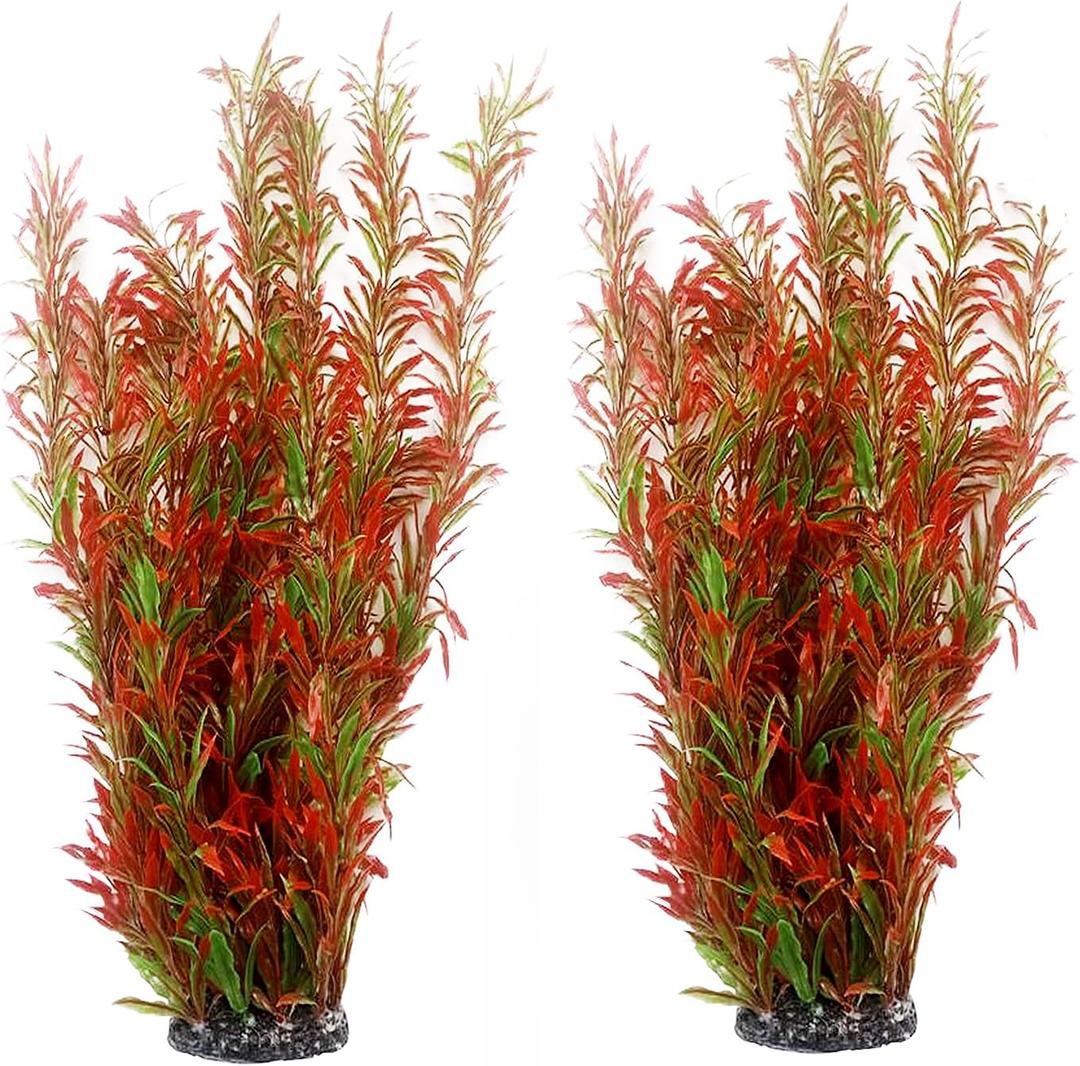 kathson Artificial Aquarium Plant Decorations,23.62 Inches Large Plastic Fish Tank Plants Tall Realistic Aquarium Accessories for Freshwater and Saltwater(Wine and Green,2 Pcs)