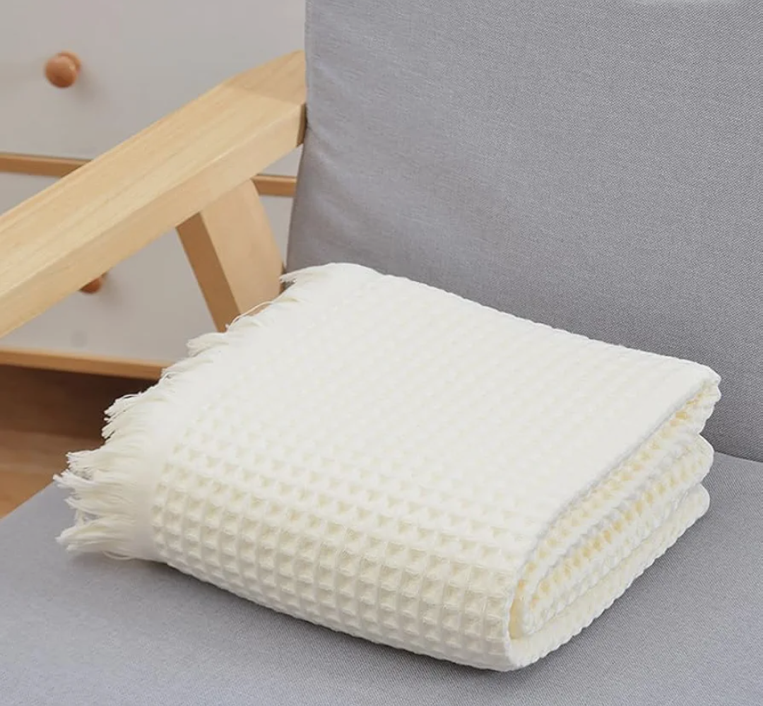 Waffle Cotton Blanket,Luxury Ultra Soft Lightweight Throw for Office Nap, Sofa, Couch & Travel - All Season Cozy Home Deco,35x70 Inch, Color: Beige